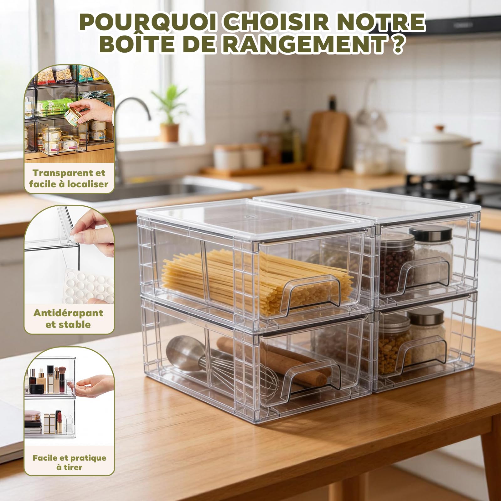 Lot de 4 Tiroirs de Rangement Empilables – Organisateur Transparent en Acrylique avec Poignées, Montage Facile pour Salle de Bain, Armoire, Dressing & Maquillage
