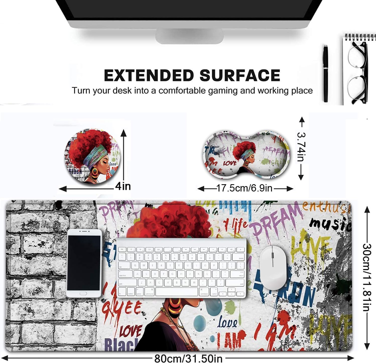 Desk Pad, Extended Large Mouse Pad with Stitched Edges (31.5X11.8In), Ergonomic Mouse Wrist Rest Support, Waterproof Computer Mouse Mat, African Black Woman Graffiti Girls XXL White Gaming Mouse Pad