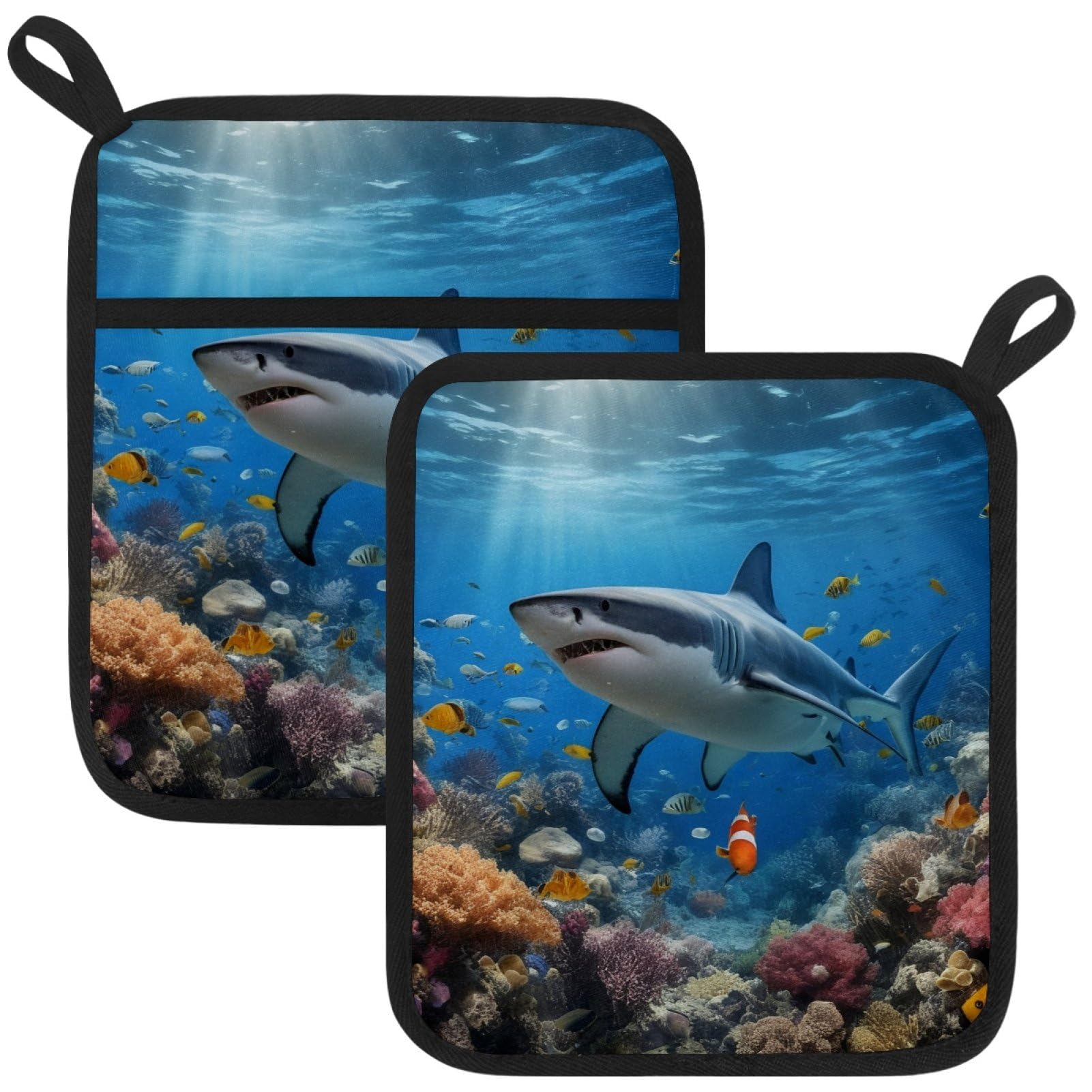 VAPOKF Cute Shark Pot Holders with Pocket for Kitchen Heat Resistant Potholders Large Polyester-Cotton Square Oven Mitts Set