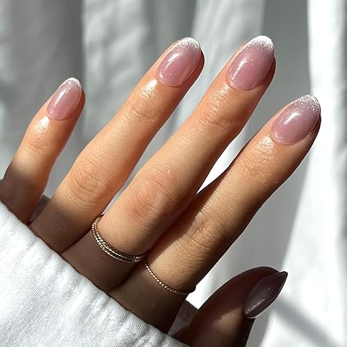 Glamnetic Press On Nails - Fairy Dust | Short Oval Beige-Pink Fake Nails with a Mesmerizing Metallic Finish, Salon Quality | 15 Sizes - 30 Nail Kit with Glue