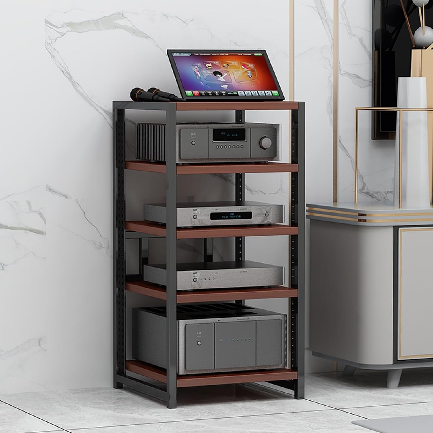 SEIFE 6-stufiges AV-MedienregalEck-Audio-Video-Schrank Plattenspieler-Konsolenschrank Audio-Video-Regal Stereo-Rack f r HeimkinoWalnut5-Layer