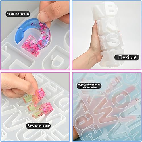Miniatura 4 de Kit de moldes de resina para llavero, moldes de silicona con alfabeto invertido para epoxi, moldes de resina con agujero para llavero con 20 borlas,