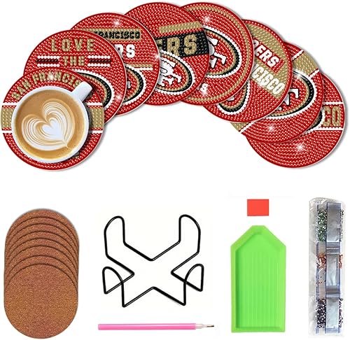 Bartogro Juego de 8 posavasos de pintura de diamantes, posavasos de arte de diamantes de fútbol con soporte para adultos y niños de San Francisco