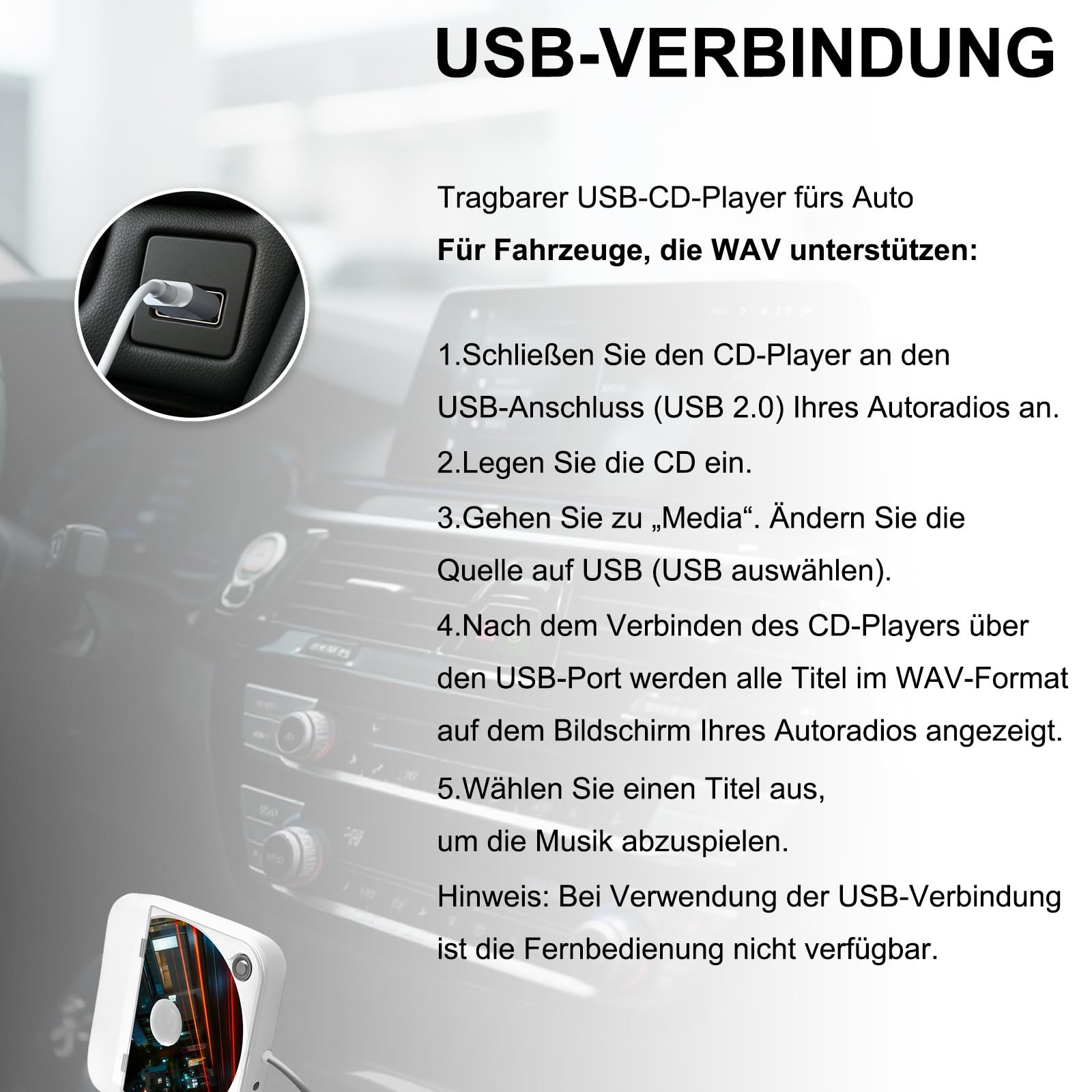 Tragbarer externer CD-Player für Auto: Plug-and-Play, mit USB & AUX, universell für Fahrzeuge, Laptop, TV, PC sowie Android 4.4+ Navigation