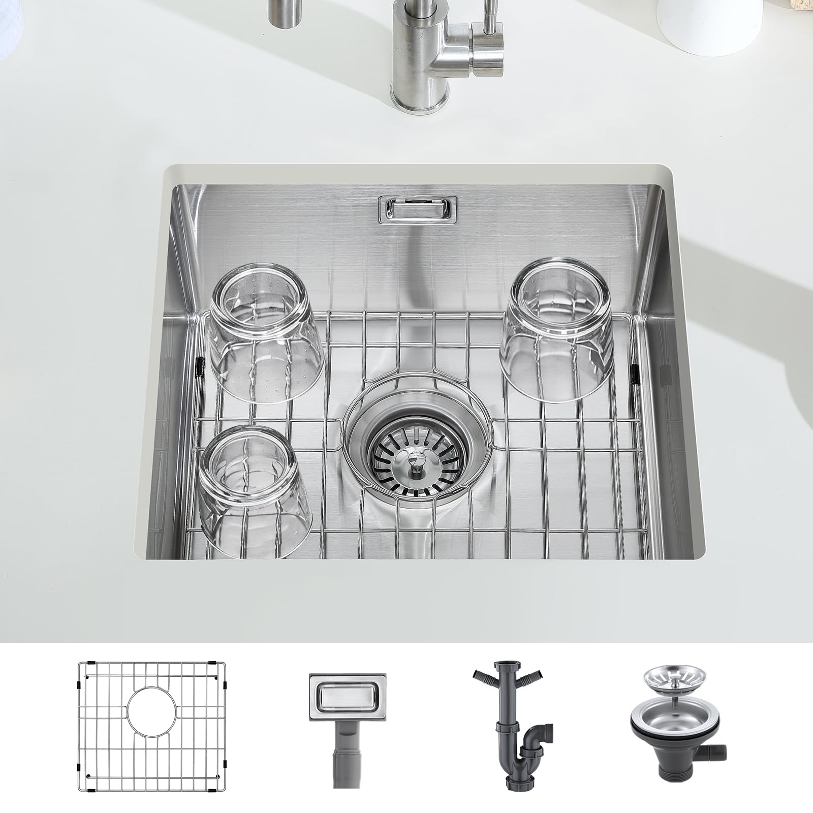 KEOKBON 45x40 cm 304 Stainless Steel Single Bowl Kitchen Sink with Drain Kit & Grid, 2 Appliance Connections, for Small Kitchen, Utility, Office