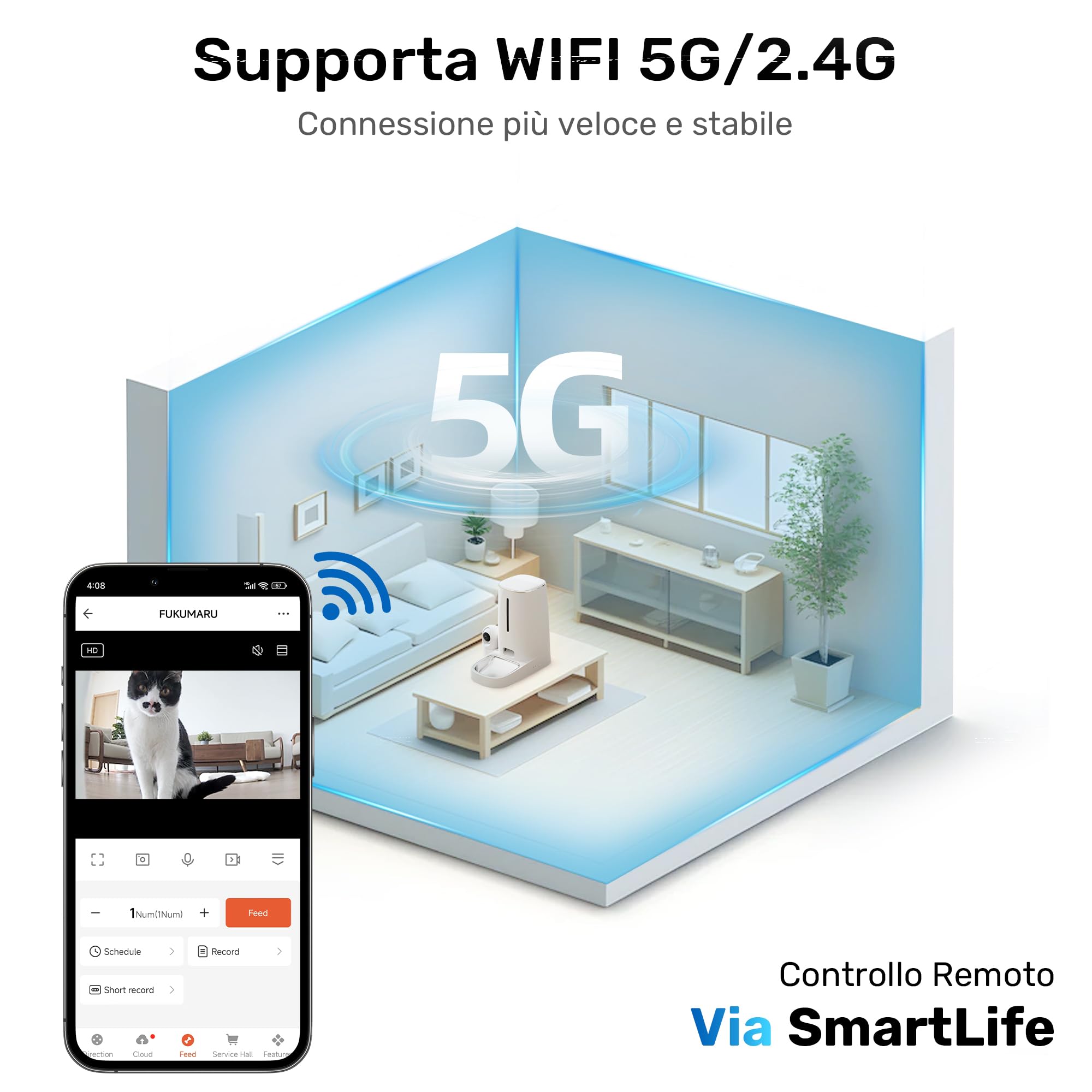 FUKUMARU Distributore Automatico Cibo Gatti con Telecamera HD 1080P, 4L, Mangiatoia per Cani con Video e Visione Notturna,Controllo tramite APP WiFi 5G e 2.4G,Audio Bidirezionale,Sensore Cibo Basso.
