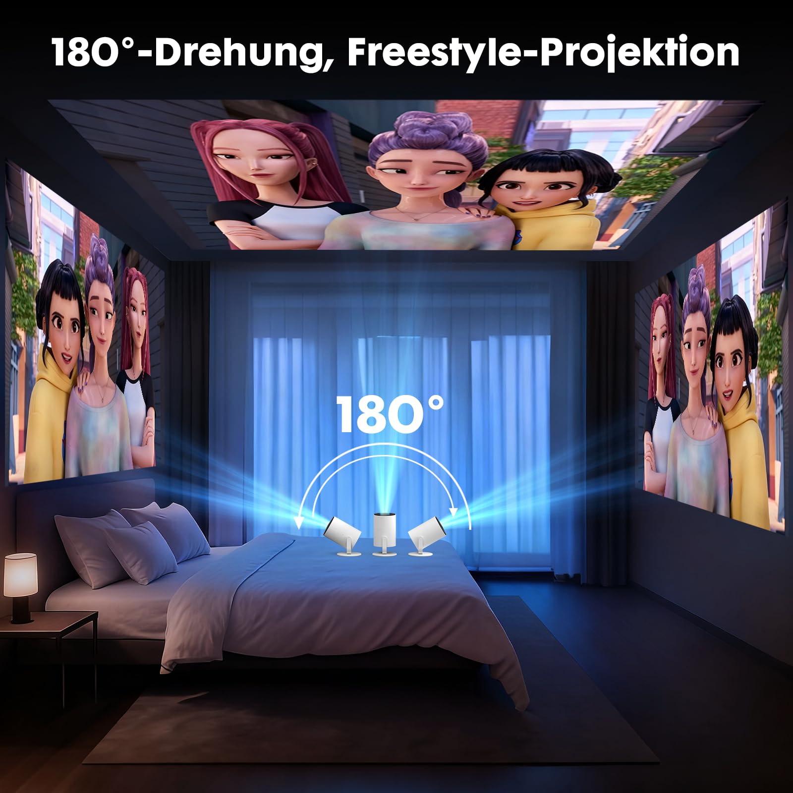 【Android 14 & integrierte Apps】 Tecaki Mini-Projektor mit WiFi 6 und Bluetooth 5.2, tragbarer Projektor 1080P, um 180° drehbar, mit automatischer Trapezkorrektur für das Schlafzimmer zu Hause