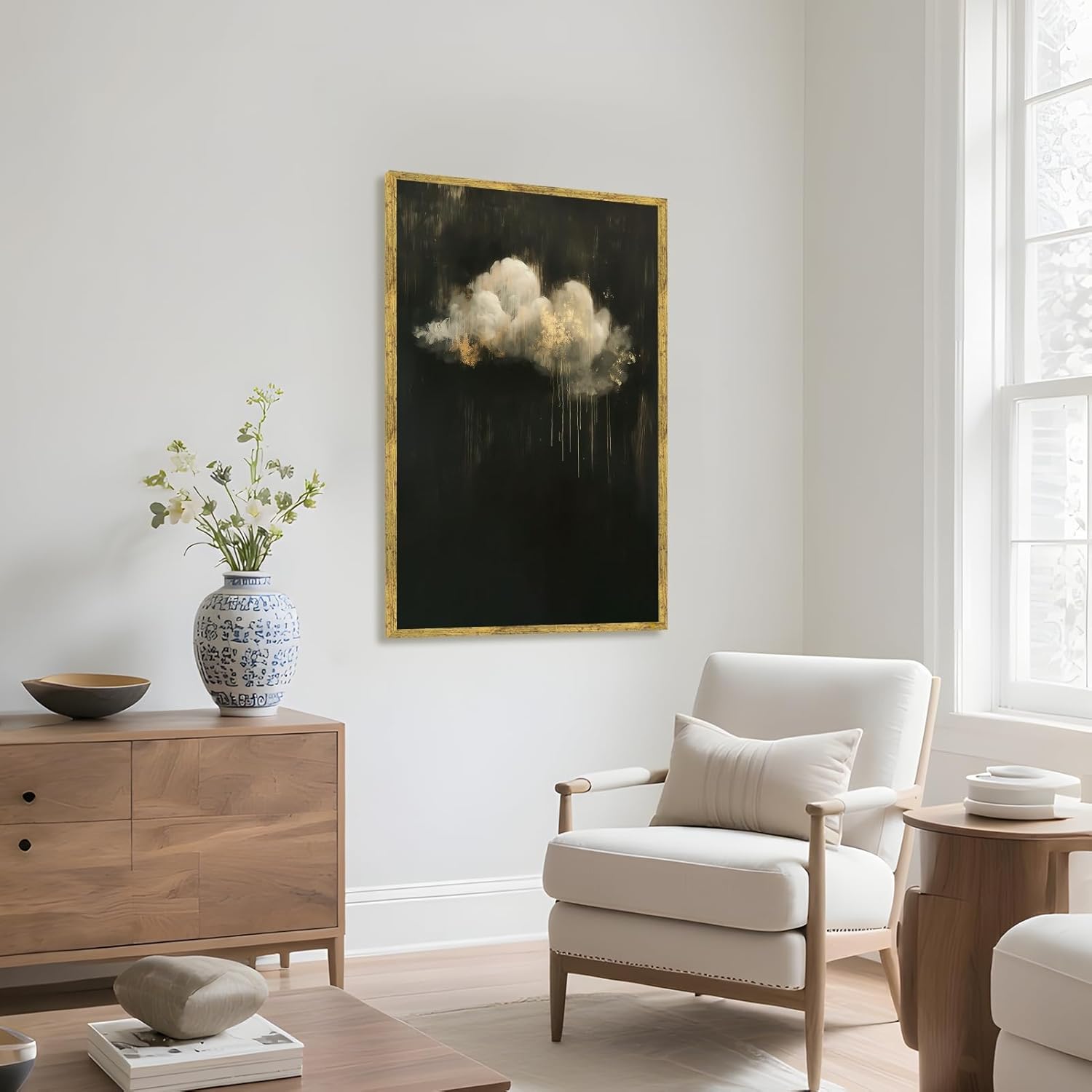 Gold Framed Abstract Cloud Wall Art Modern Darkness Moody Landscape Poster Minimalist Dark Academia Canvas Painting Vintage Romantic Contemporary Gothic Prints for Bedroom Home Decor 12x16inch