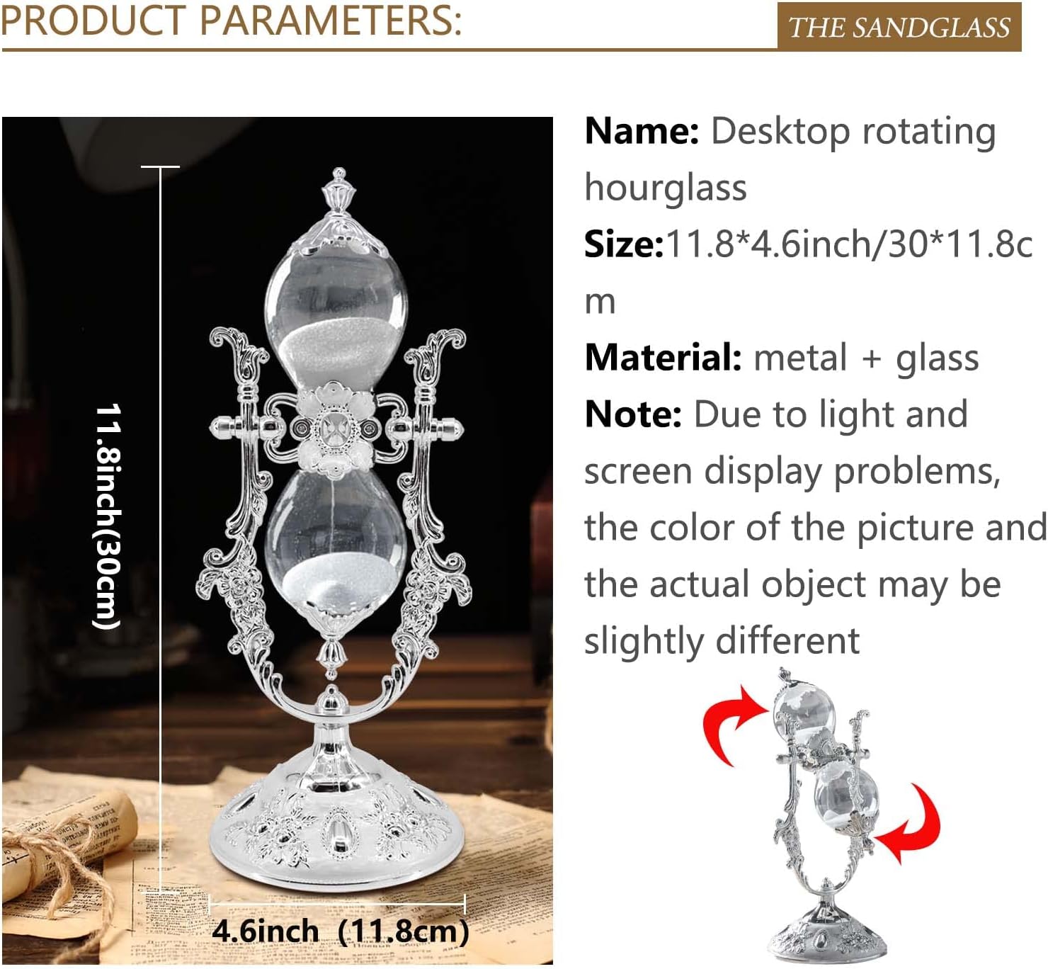 Hourglass Sand Timer Decorative,11.8inch Tall,360° Rotating Metal White Sand Watch 30 Min,Antique Hour Glass Decor for Office Desk- Crafts,Ornaments(Silver)