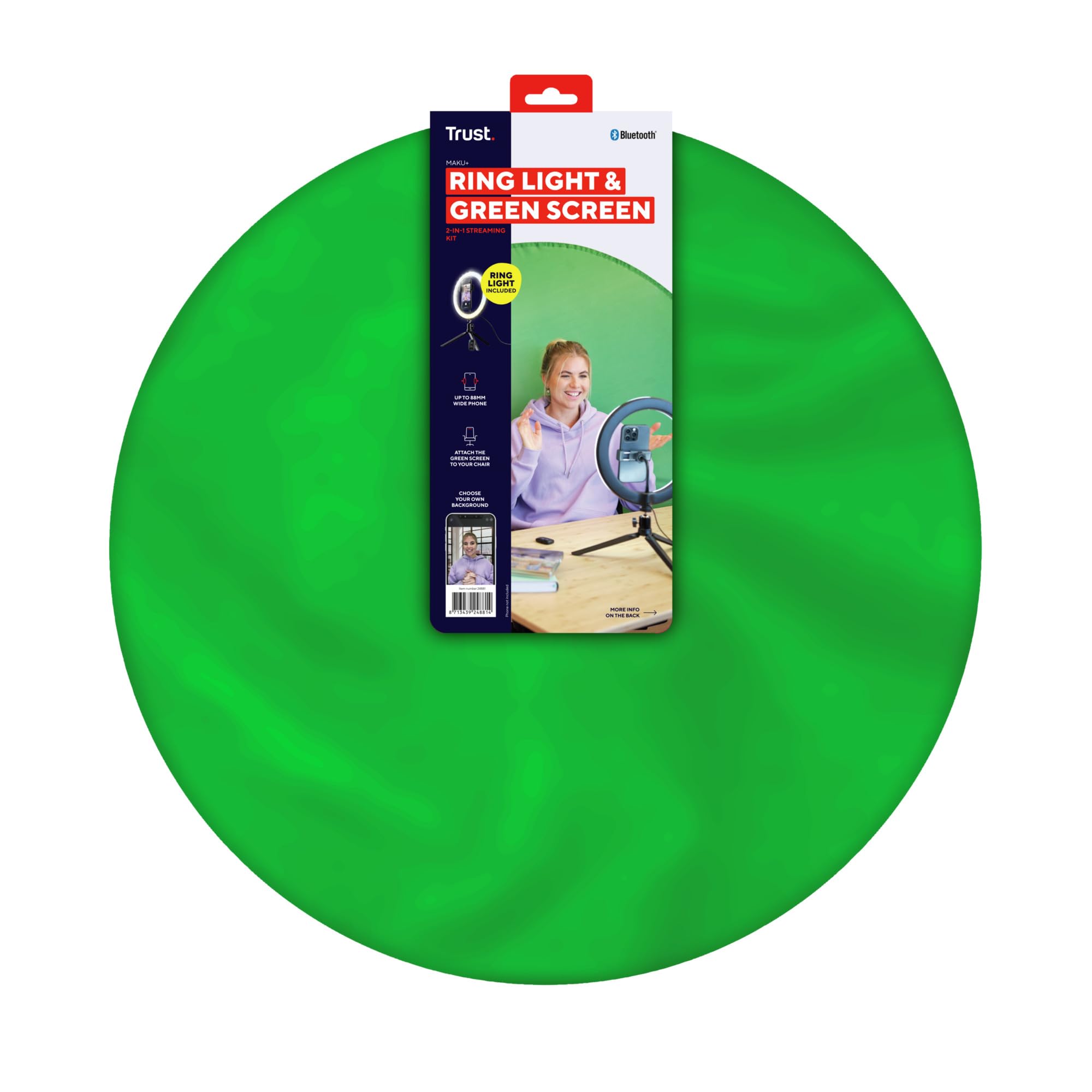 Trust Maku+ Ring Light con Green Screen Pieghevole, Luce ad Anello con Treppiede e Supporto per Telefono, LED Light, Luce per Selfie, TikTok, YouTube, Live Stream, Gaming, Trucco, Fotografia, Vlog
