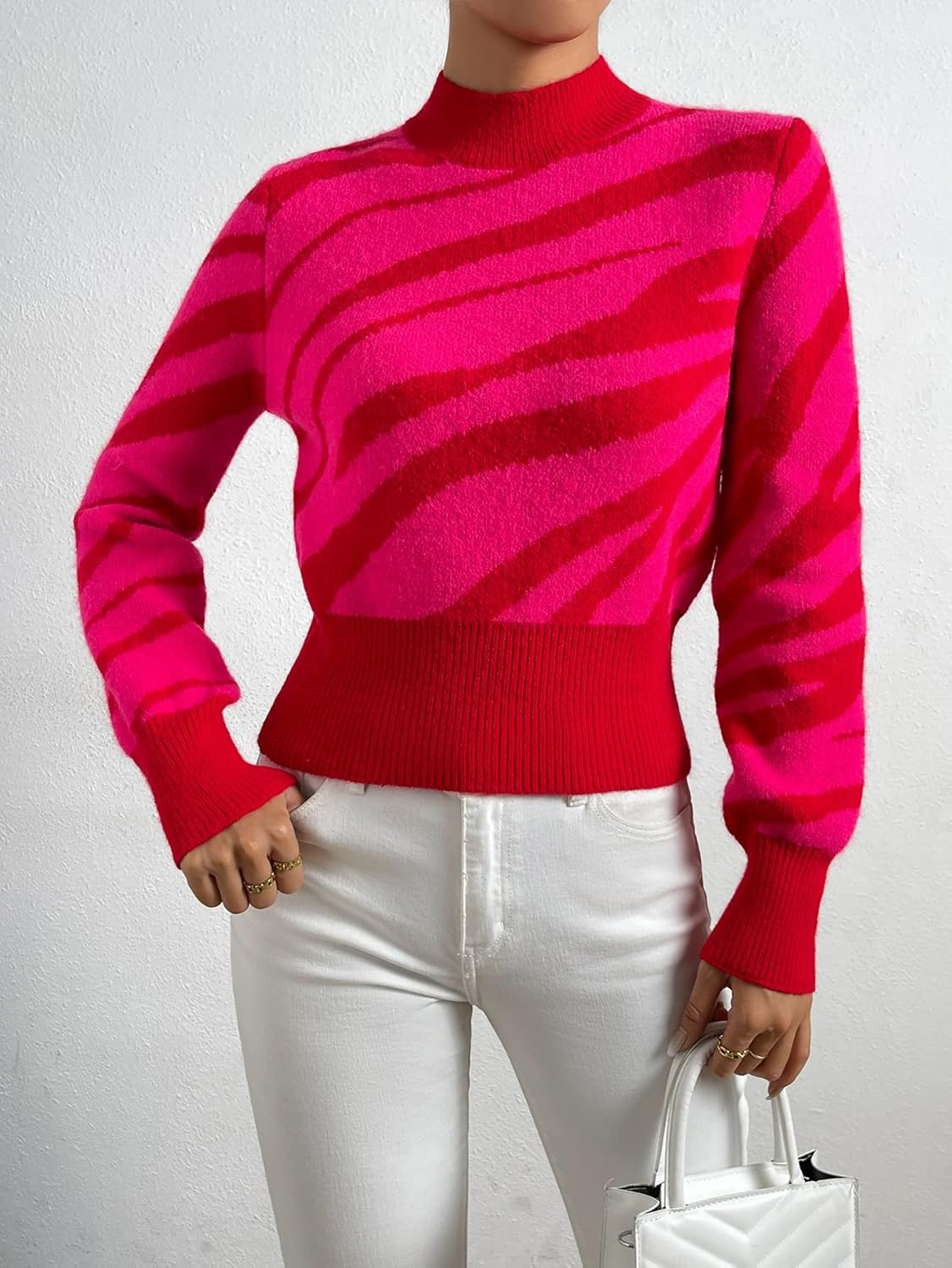 Women's Sweater Mock Neck Graphic Pattern Sweater Sweater for Women (Color : Hot Pink, Size : Medium)