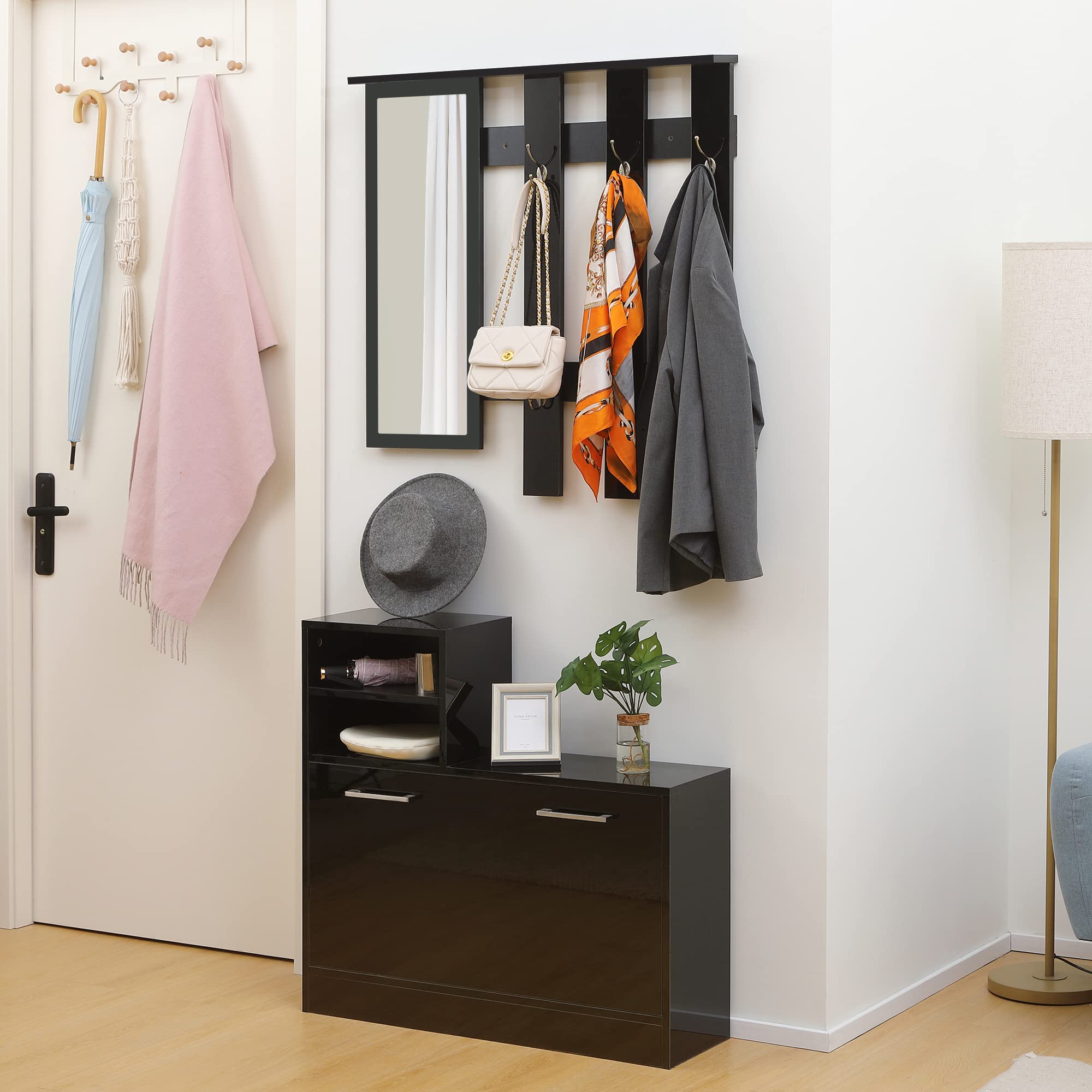 HOMCOM Set Appendi Abiti da Ingresso con Specchio e Scarpiera per 8 Paia di Scarpe, Legno Nero Lucido