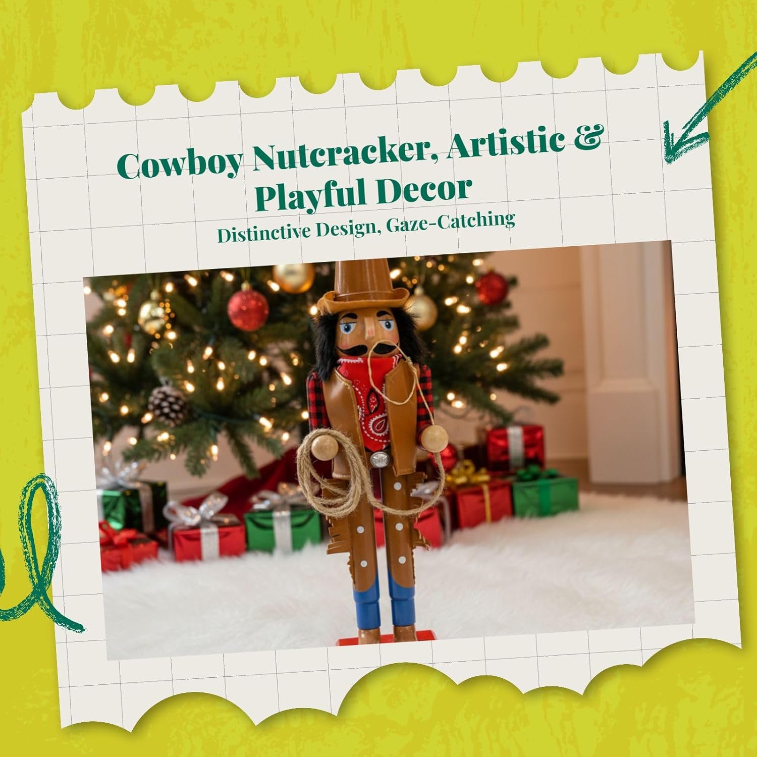 Wooden Nutcracker Christmas Decoration Crafts Wood Doll Christmas Nutcracker Soldier Nutcracker Figurine for Holiday Bedroom, Cowboy, 38cmx9.2cm