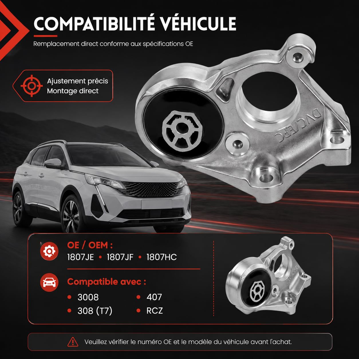 Support Moteur 1807JE 1807JF 1807HC Compatible avec Peugeot 3008 308 407 RCZ Compatible avec Citroën DS, Support Fixation Tampon Moteur Métal Caoutchouc