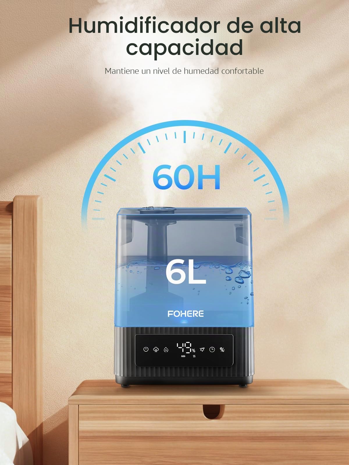 FOHERE 6L Humidificador de Aire Frío, Grande Ultrasónico Silencioso, Autonomía 60H, Sensor de Humedad Inteligente, Temporizador 12H, Difusor de Aromas, para Habitación Adultos, Bebés, Plantas y Salón