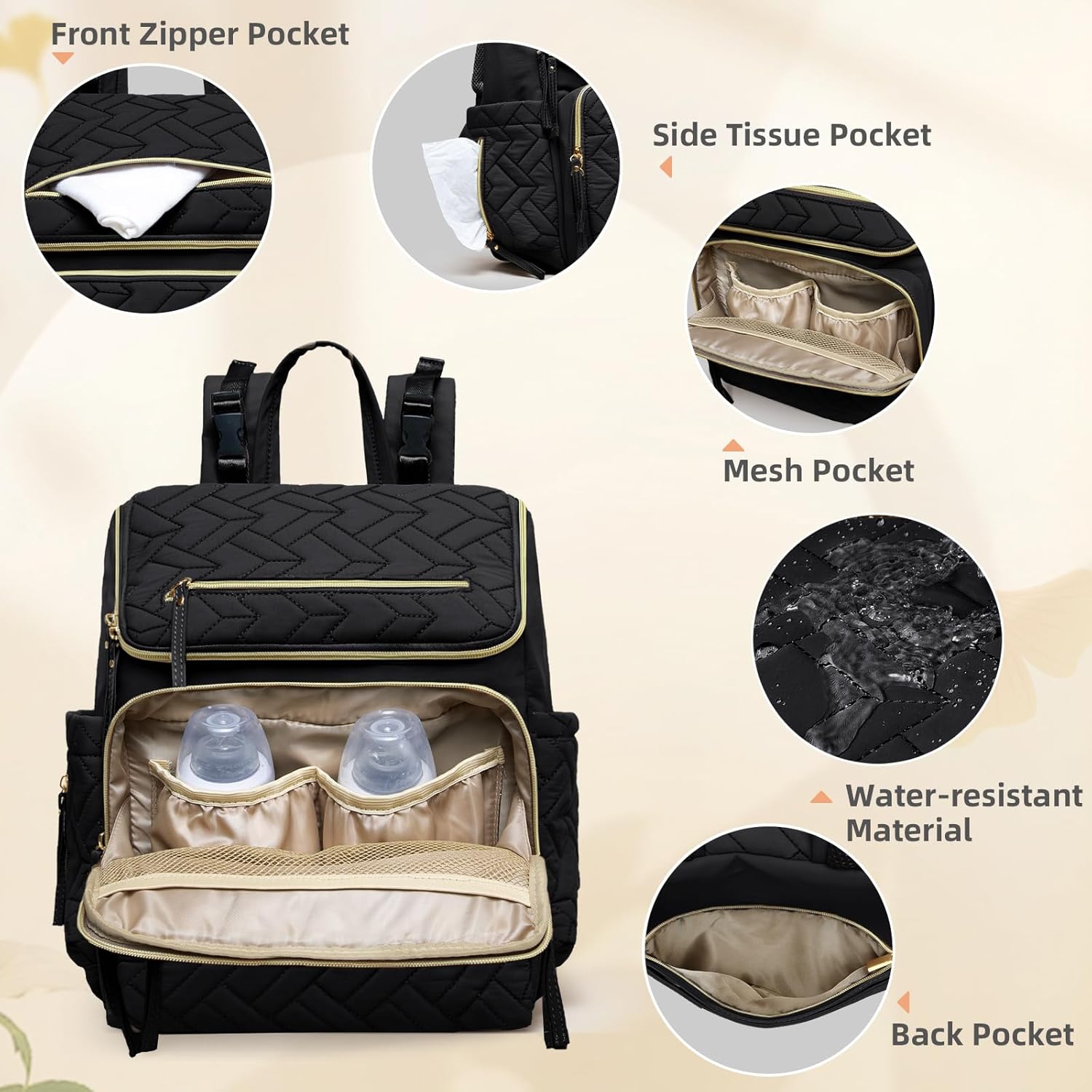 Omanmoli Diaper Bag Backpack Large Baby Travel Bag Diaper Essential Bag with 17 Diaper Bag Organizers,4 Insulated Pockets,Portable Changing Pad,Stroller Buckles,Black