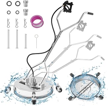 20" Pressure Washer Surface Cleaner with 304 Industrial-Grade Stainless Steel Housing, Dual Handle, Driveway Pressure Washer Attachment, 2 Replacement Nozzles, for Concrete, Sidewalk, Deck, 4500 PSI
