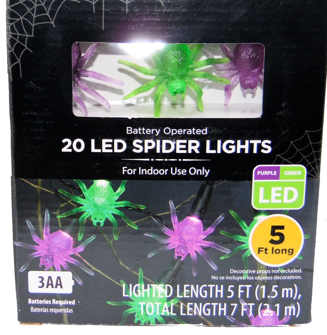 WM Halloween LED Spiders, Purple and Green Light Set, 20 Cool White LED Lights, Battery Operated - Batteries Not Included