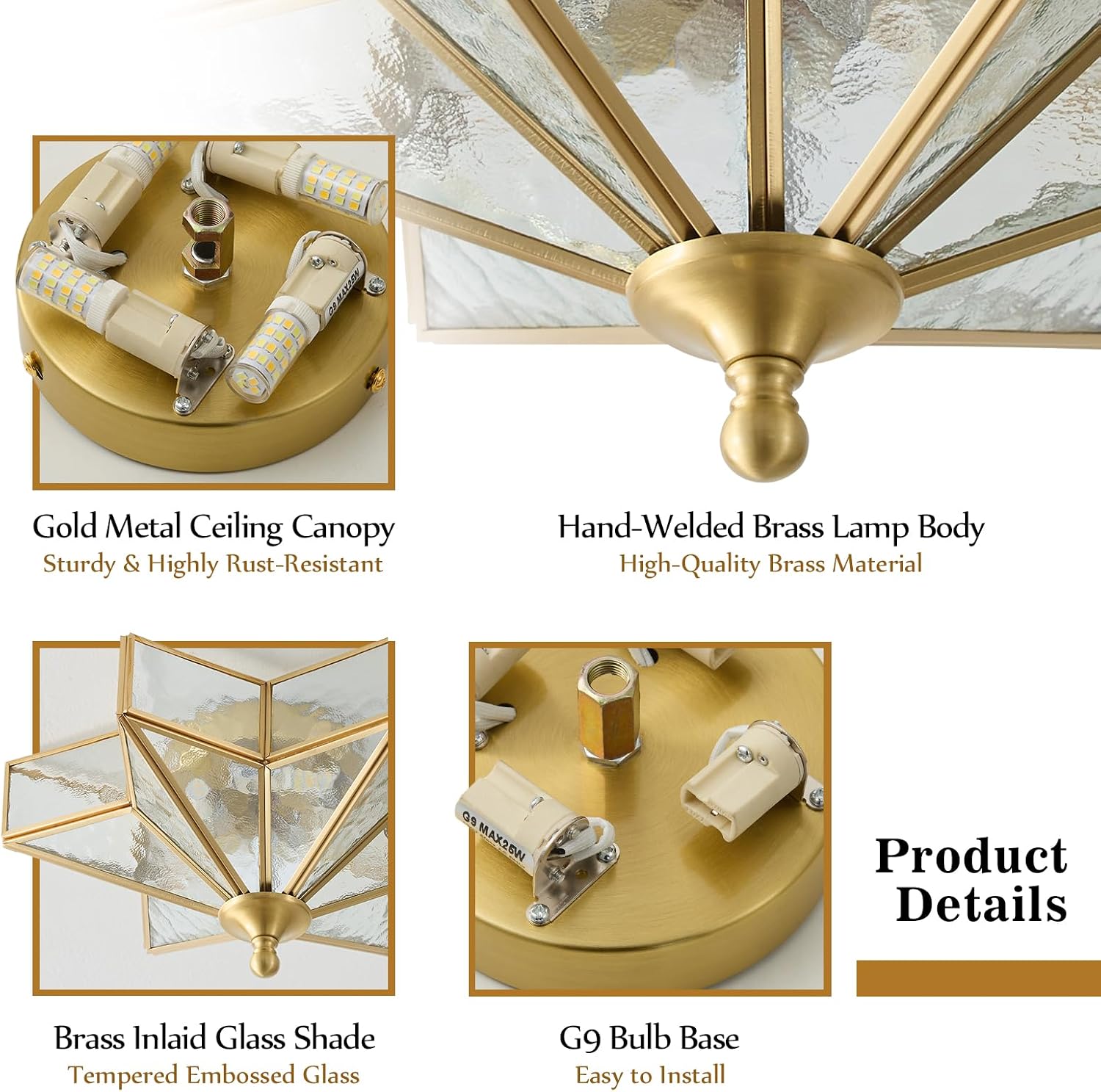 Star Brass Glass Ceiling Light - Small 12 in Gold Hammered Flush Mount Fixture - Unique Art Deco Vintage Modern Lighting Lights for Bedroom Dining Foyer Entryway Hall Hallway Outdoor Porch