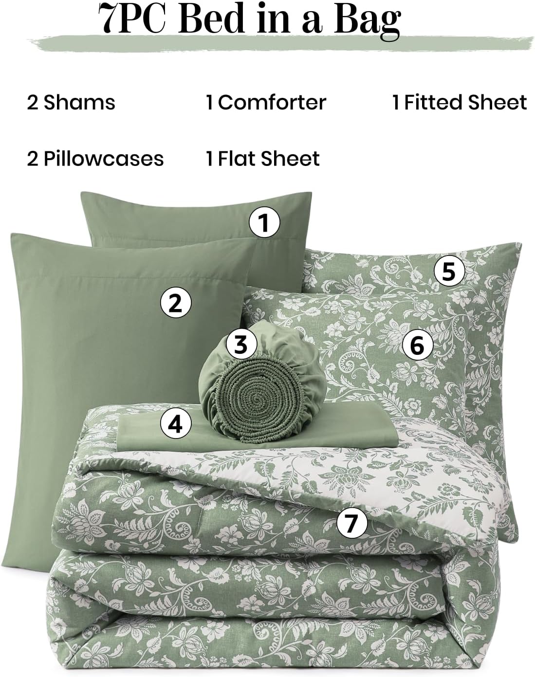 BLOOMHAVEN Queen Comforter Set -7 Pieces Floral Grey Green Comforter Set for All Seasons, Bed in a Bag Queen with Botanical Flowers Comforter, Sheets, Pillowcases & Shams