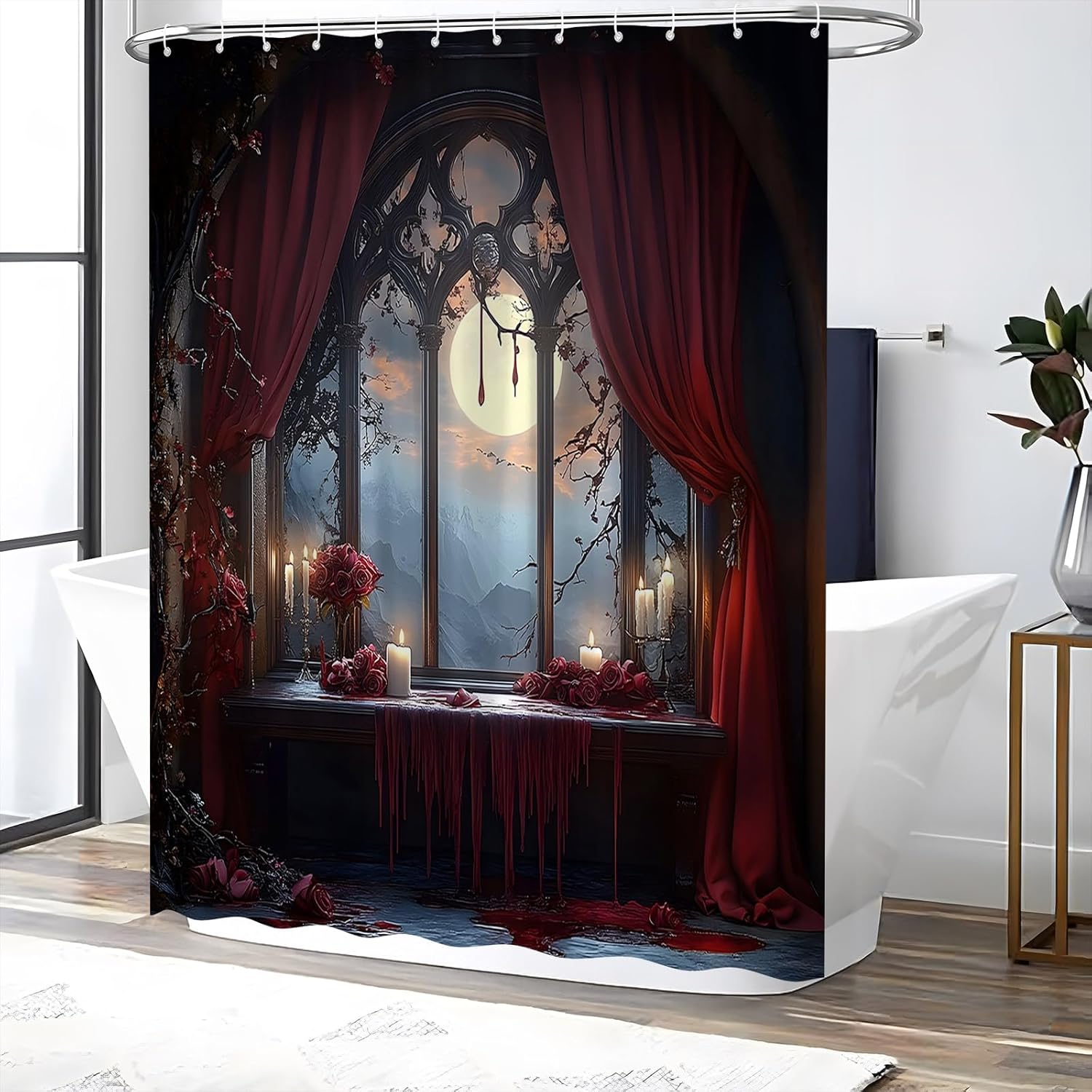 Gothic Castle Shower Curtain Full Moon Night Vintage Medieval Enchanted Castles Witchcraft Red Rose Rustic Spooky Landscape Fabric Bathroom Decor Set with Hooks