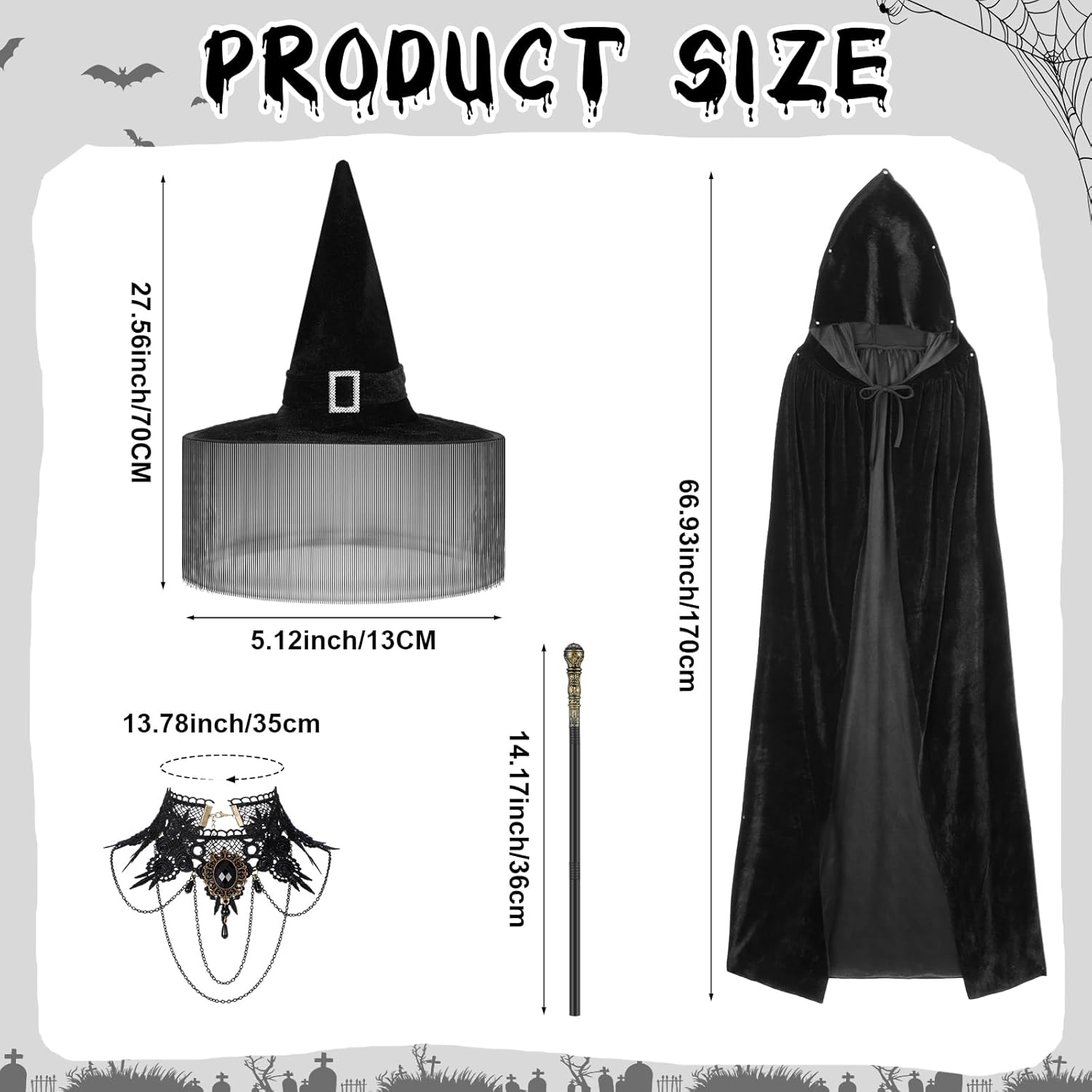 5 Pcs Halloween Witch Cosplay Costume for Women Wizard Cloak with Hat Nose Witch Hat Necklace Wand for Halloween Party Supplies - Image 2