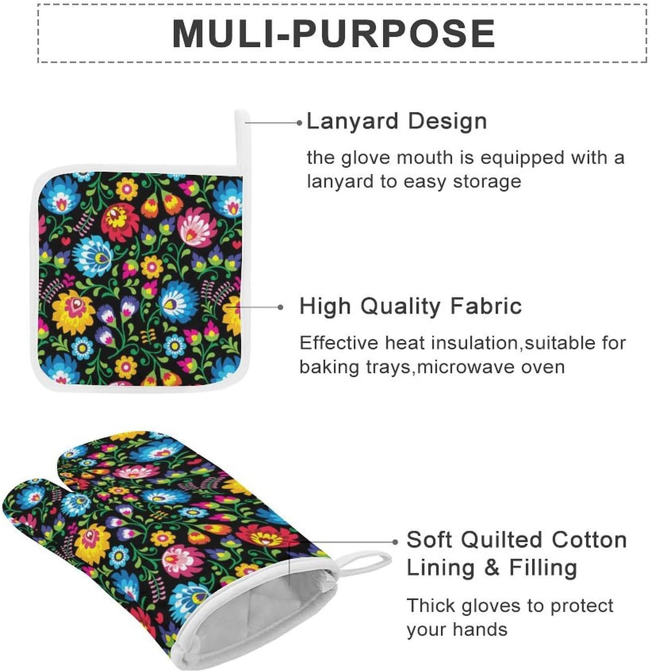 Polish Floral Folk Art Poland Flowers Print Oven Mitts and Pot Holders 3 Piece Sets Heat Resistant Gloves Hot Pads Potholders for Kitchen Baking Cooking