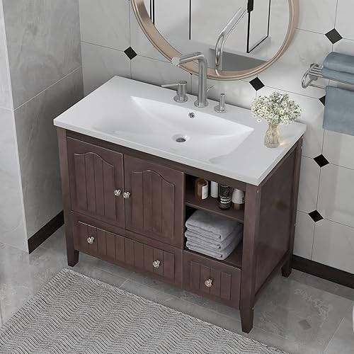 Miniatura 7 de Lunanniu Tocador de baño de 36 pulgadas con fregadero moderno juego de lavabo de madera con puertas y cajones de cierre suave tocador de baño