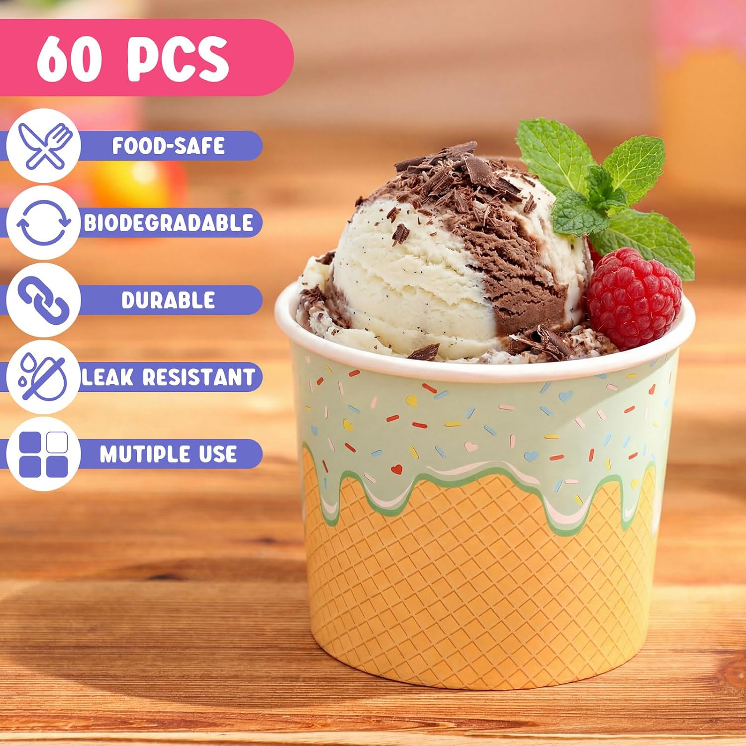 Jingmore 60 Pcs Ice Cream Bowls Paper Ice Cream Cups 4/6/8 oz Containers Bulk 6 Colors Disposable Sundae Bowls for Dessert Frozen Yogurt Birthday Summer Baby Shower Party Bar Supplies (4 oz)