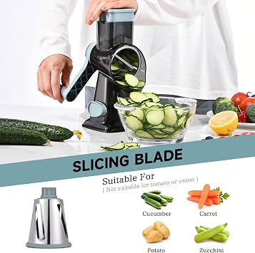 Rotary Cheese Grater with Handle Kitchen Shredder Slicer Grater Slicer Ice Shaver Cheese Vegetable Nuts Potato Zucchini Chocolate 3 Interchangeable Blades (GreyBlue