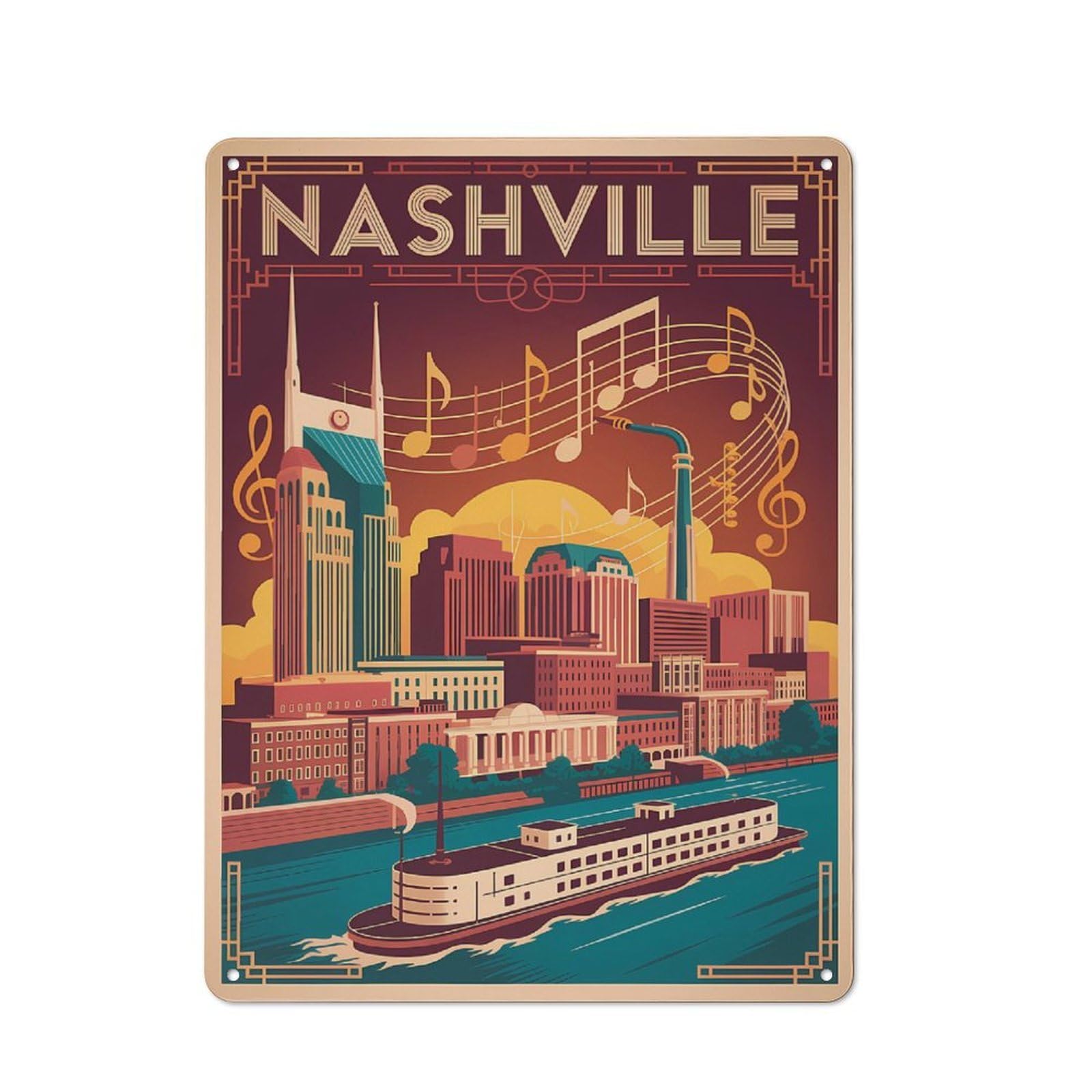 Junmoney Style-17 Nashville Art Deco Travel Metal Wall Plaque 40X30cm, Character Room Wall Plaque For Hallway, Home Bar, Garage Or Study