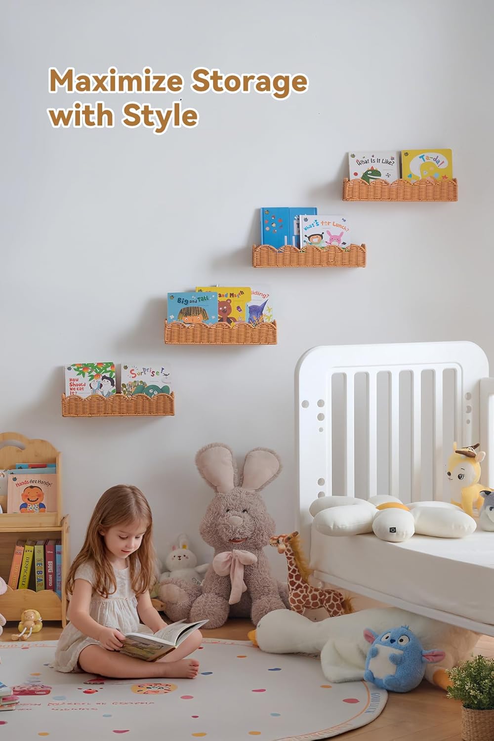 Nursery Book Shelves Set of 4, Metal & Plastic Artificial Rattan Scalloped Book Shelf 15.8", Cute Floating Bookshelf for Kids Bedroom Farmhouse Decor