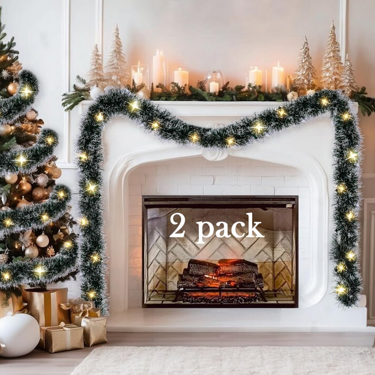 2-Pack Prelit Christmas Garland, 15FT Lighted Artificial Holiday Garland with Lights for Fireplace, Stair Railings, Xmas Tree, Indoor & Outdoor Décor Lighted Garland Plug in 2PACK