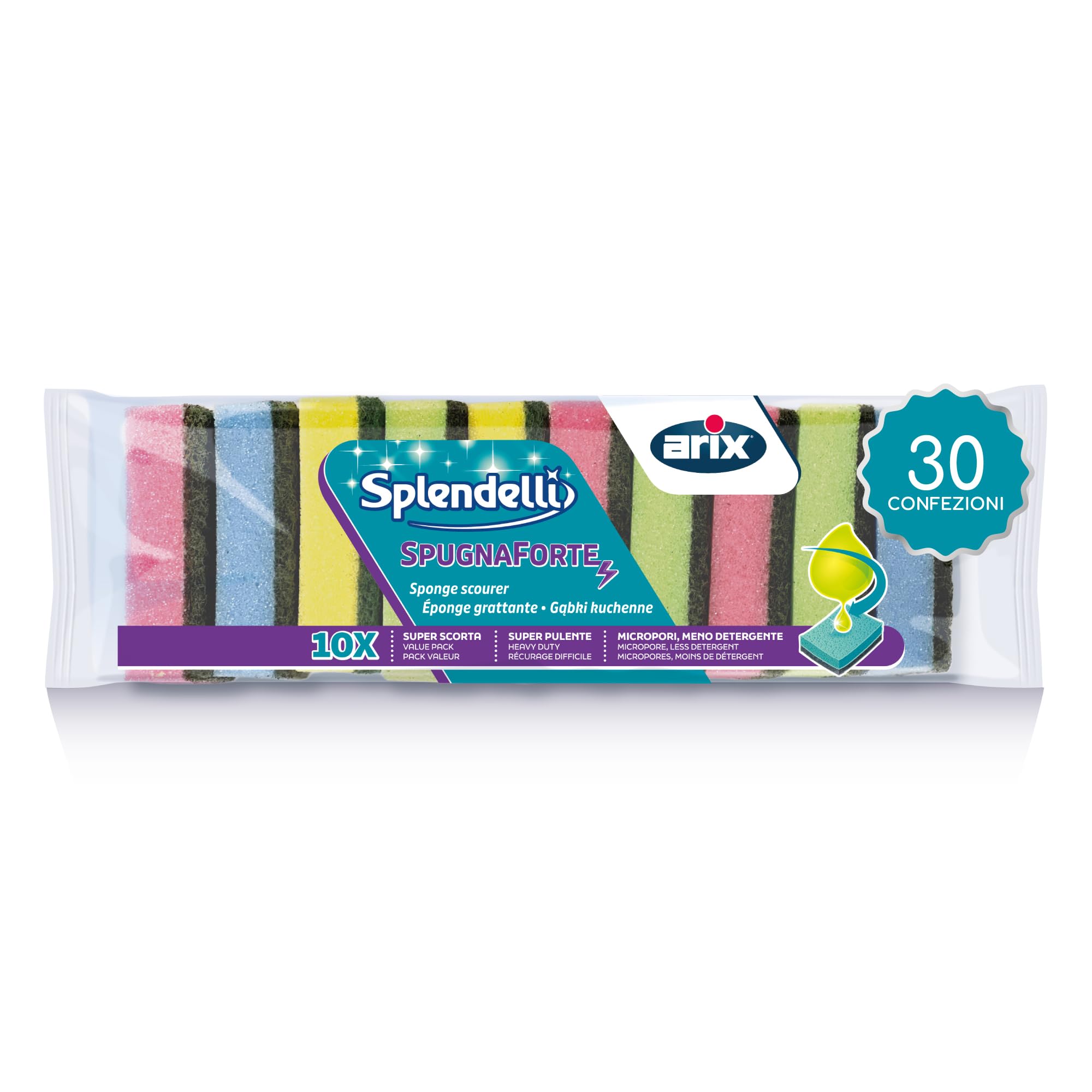 ARIX | 300 éponges abrasives colorées et résistantes de la Ligne Splendelli, éponges polyvalentes pour la saleté obstinée. 30 Paquets de 10 éponges - Fabriqué en Italie