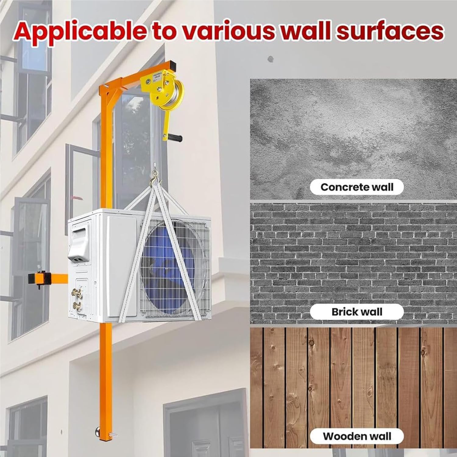 Air Conditioner Installation Lifting Tool Kit Hand Winch Bracket Crane，150kg Capacity Air Conditioner Lifting Tool - Manual Hoist Crane for Effortless Outdoor AC Unit Installation - Height A
