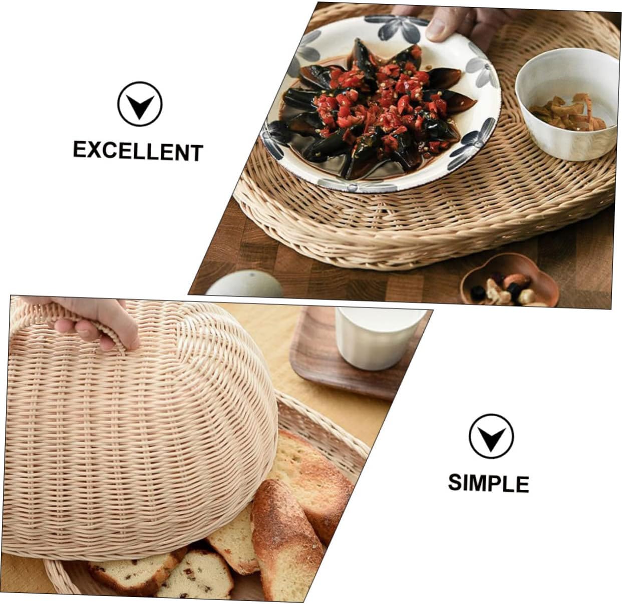 VICASKY Rattan Food Protective Cloche for Fruit and Bread Woven Kitchen Storage Basket Dustproof and Khaki
