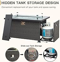 Vista 3 de Domi - Mesa de mimbre para fogata de gas propano de 43 pulgadas, 50,000 BTU con certificación CSA con mesa de aluminio similar a la madera