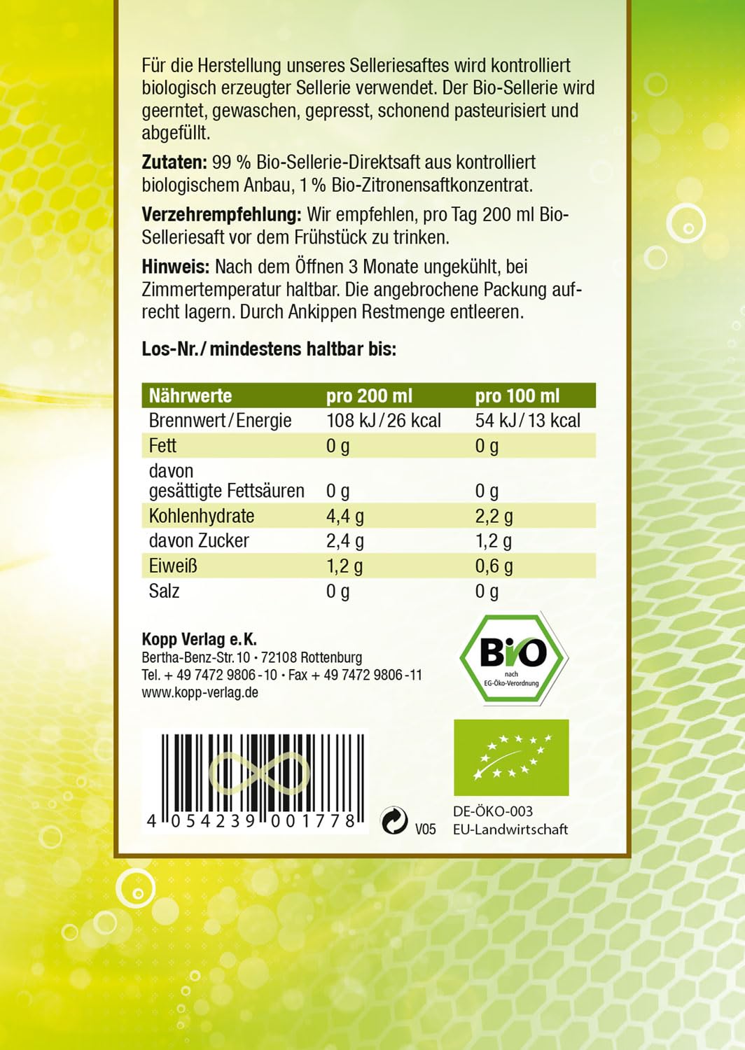 KOPP Vital® Bio-Selleriesaft 3 Liter | Premium-Qualität | 99 Prozent Bio-Sellerie-Direktsaft mit Zapfhahn | aus kontrolliert biologischem Anbau | Staudensellerie