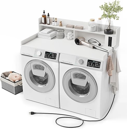 Encimera mejorada de 2 niveles para lavadora y secadora con toma de corriente, encimera grande de lavandería de 54 pulgadas de ancho x 27.6 pulgadas