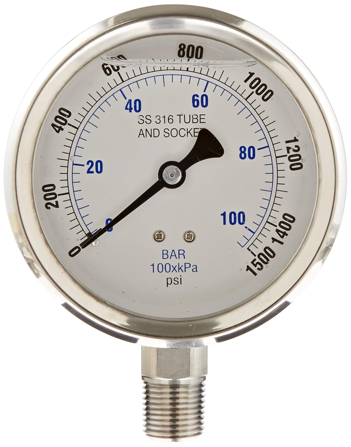 PIC Gauge 301L-402M 4" Dial, 0/1000 psi Range, 1/2" Male NPT Connection Size, Bottom Mount Glycerine Filled Pressure Gauge with a Stainless Steel Case and Internals, Stainless Steel Bezel, and Polycarbonate Lens