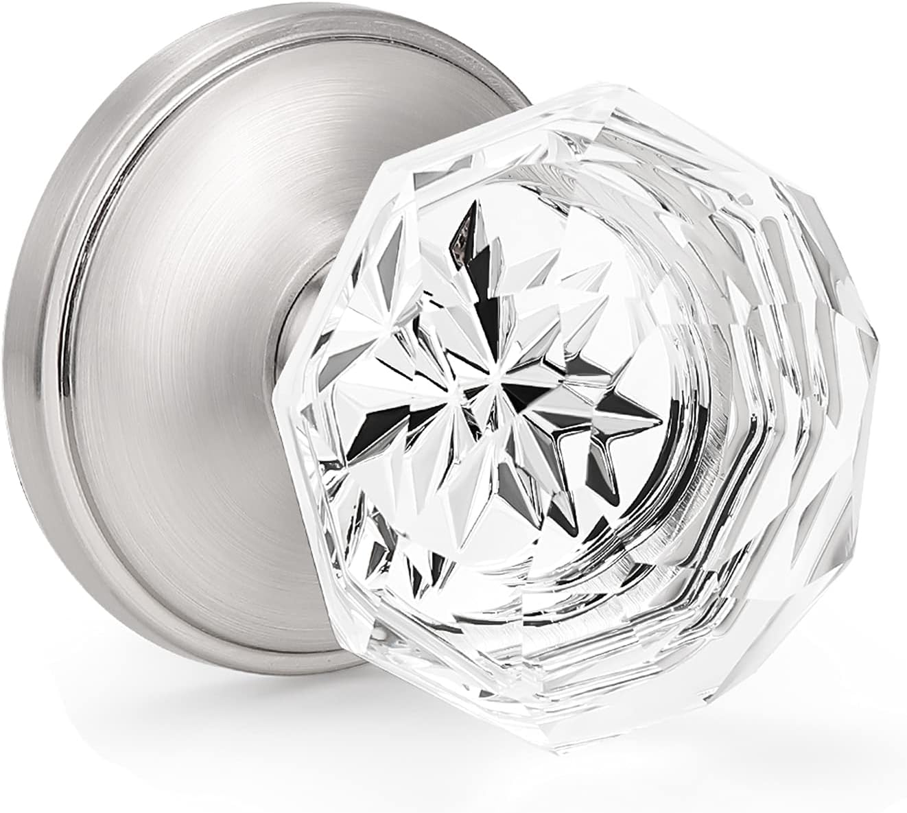 Gobrico Faceted Crystal Dummy Door Knob,Clear Glass Interior Door Handle with Satin Nickel Plate,Octagonal Diamond Interior Door Knob,One Side Non Locking,Decorative Door Pull