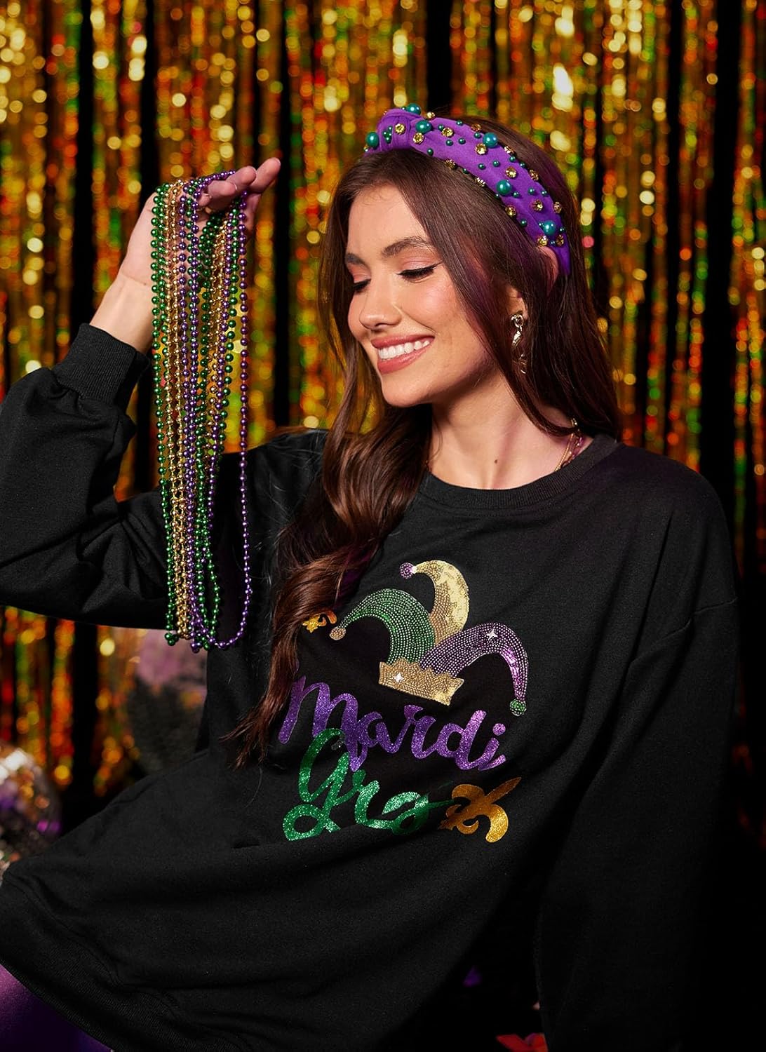 For G and PL Women's Mardi Gras Long Sleeve Crewneck Graphic Sequin Sweatshirt - Image 3