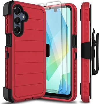 for Samsung Galaxy A16 5G Case with 2 Pack Tempered Glass Screen Protector, [Holster Series] Kickstand Belt Clip Military Grade Shockproof Protective Phone Cover Case Red/Black