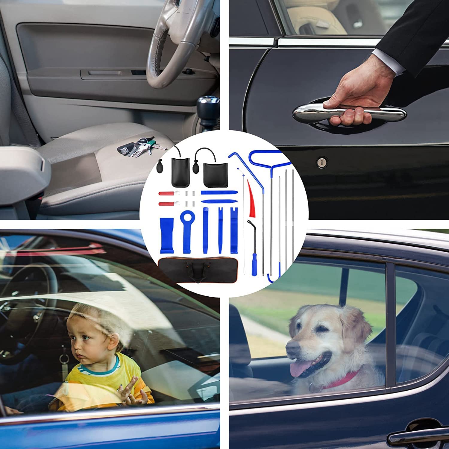 Notfall-Set für Autos, 24-teilig, mit Keilabsatz für Autofenster, Keilpumpe für Luftbeutel, Fernbedienung, automatisches Schneid- und Auszugswerkzeug