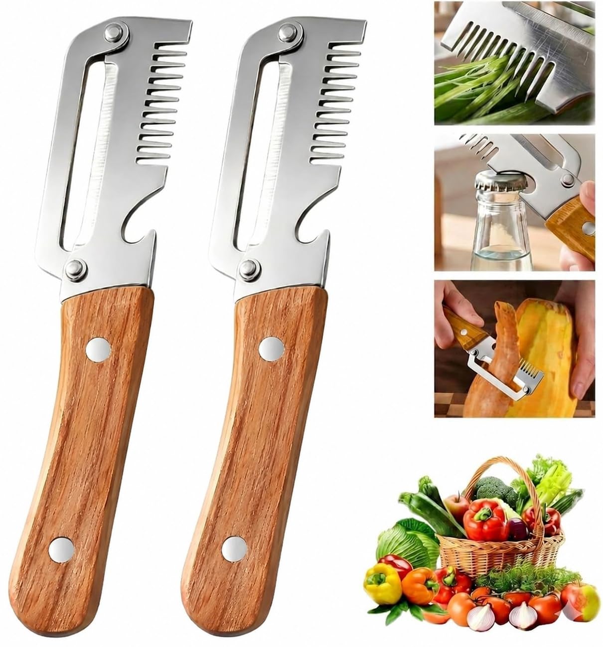 Photo 1 of 2 Pcs Multifunctional Vegetable Peelers for Kitchen, 3-in-1 Peeler & Bottle Opener & Julienne Peeler, Non-Slip Wooden Handle,Good Sturdy,For Vegetables or Fruits that Need to Be Peeled