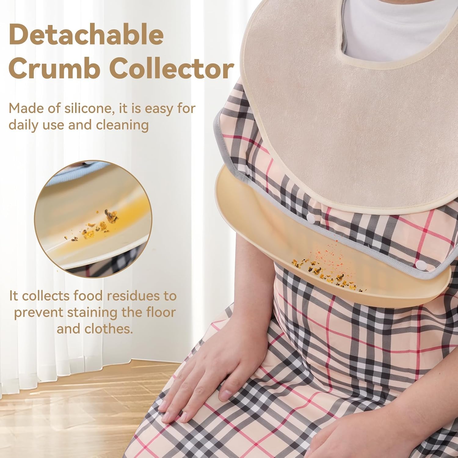 Adult Bibs with Reusable Crumbs Collector, Unisex Waterproof Long Bibs with Detachable Terry Cloth Bib, Adjustable Clothing Protector for Elderly, Disabled, Alzheimer's Patients, Apricot,2pcs