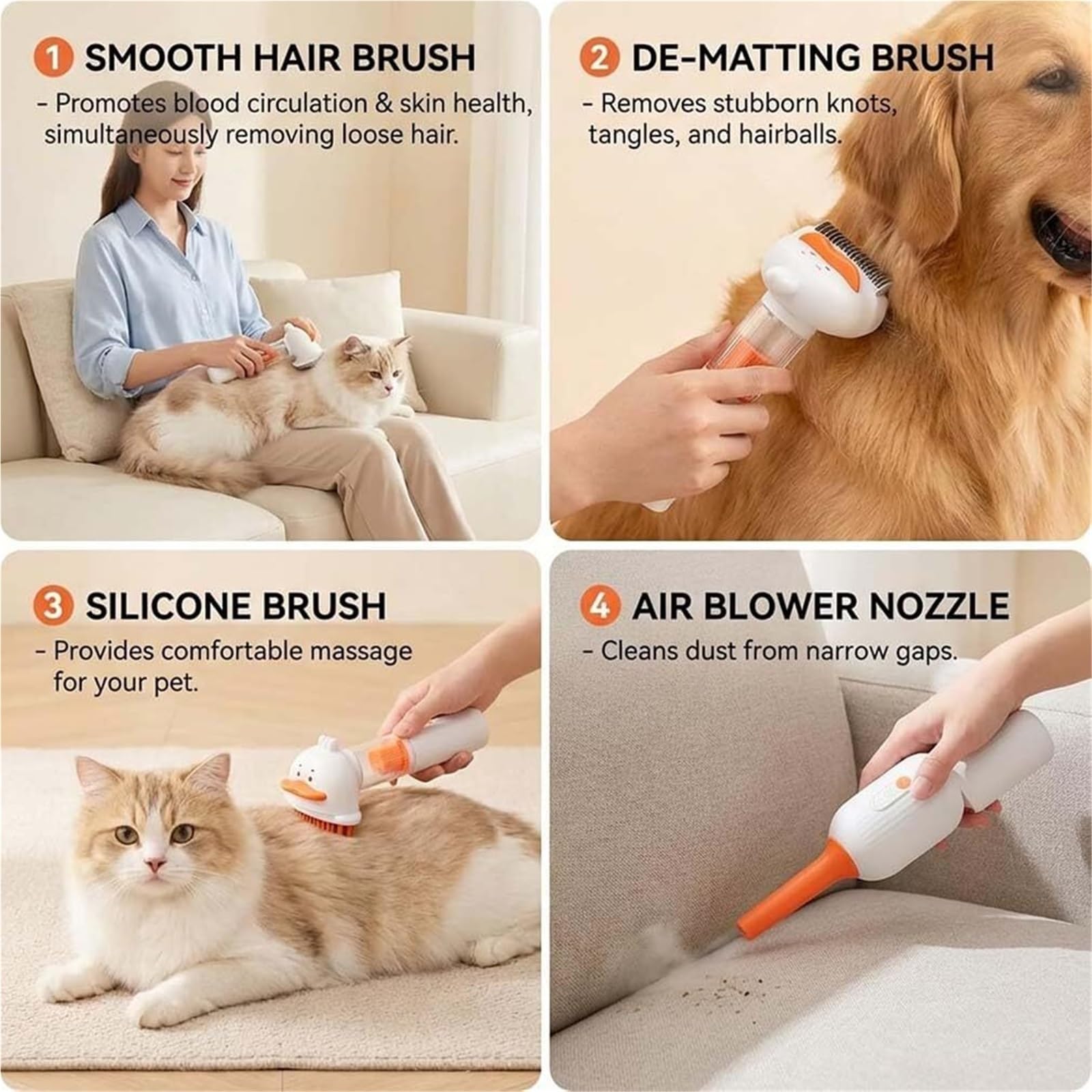 Spazzola For Aspirapolvere For Cani For Toelettatura 4 In 1 | Design senza fili autopulente, strumento di toelettatura for capelli corti e medi