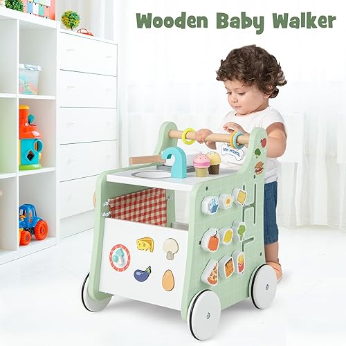 Miniatura 8 de BABY JOY Andador de madera 6 en 1, juego de cocina para niños pequeños, centro de actividades de aprendizaje para caminar sentado y de pie, juguete