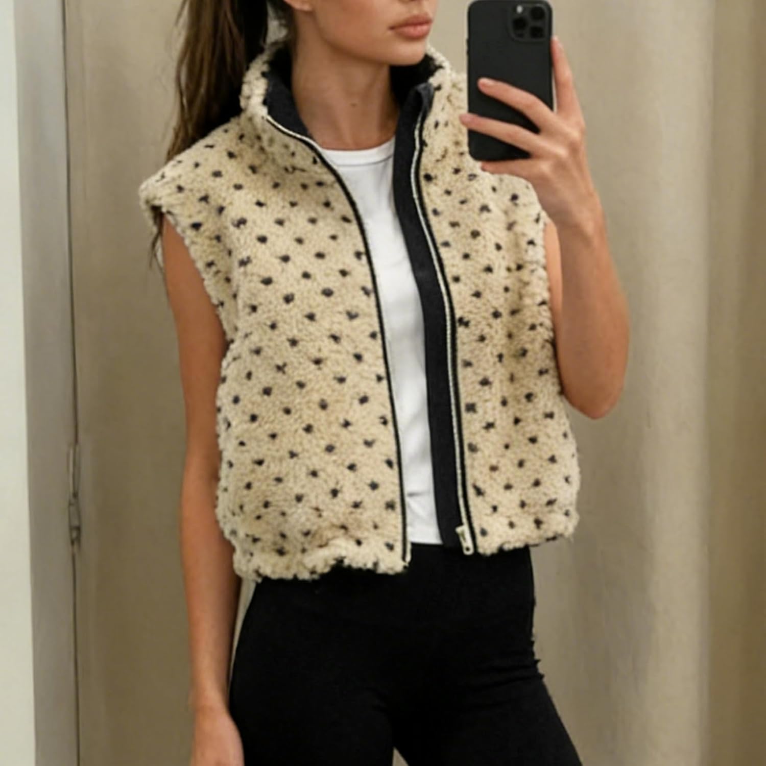 Slouchy Fleece Jacket Women Sleeveless High Neck Full Zipper Polka Dot Sherpa Vest Fuzzy Waistcoat Gilet with Pockets