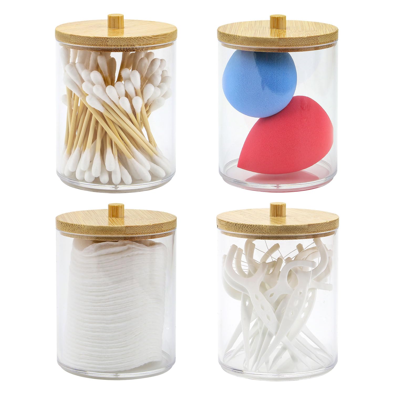 Livhome 4 Pack Qtip Holder Bathroom Acrylic Storage Jars With Bamboo Lids Cotton Pad Swab Dispenser Canisters Makeup Organiser Clear Vanity Containers